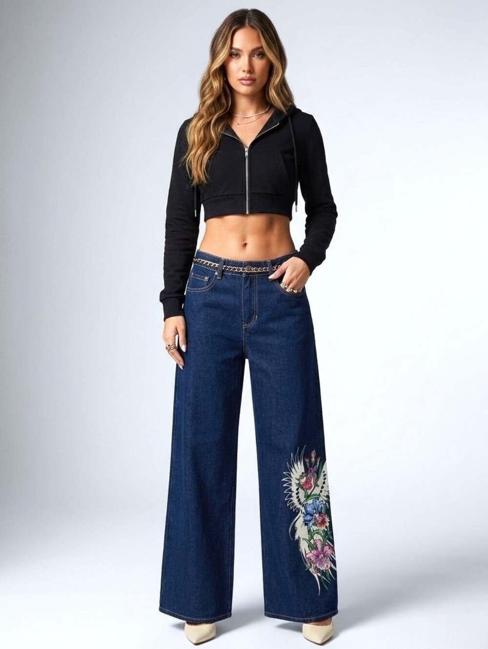ED HARDY Orchids Baggy Jeans WOMENS LARGE Wide Leg Rear LOGO Graphic Jeans NWT